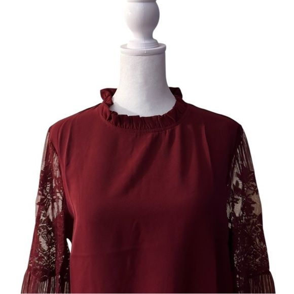 Burgundy Lace Sleeve Blouse Size Small | Sheer Long Sleeve Dressy Top - Picture 3 of 8